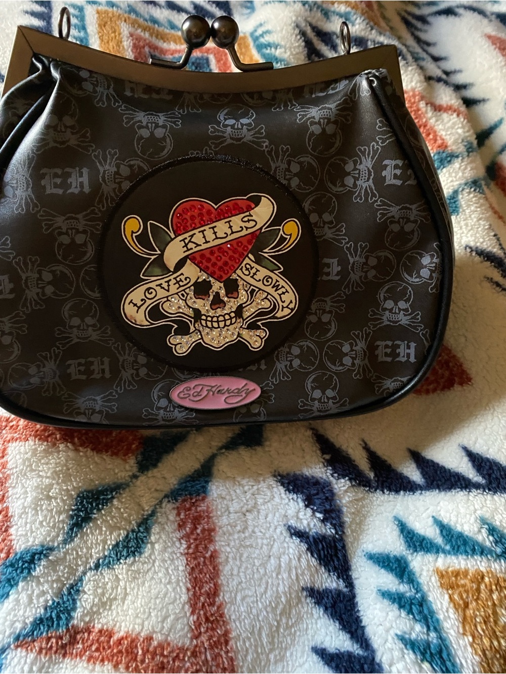 Ed Hardy Black Skull Heart Clasp Purse with Red Accent